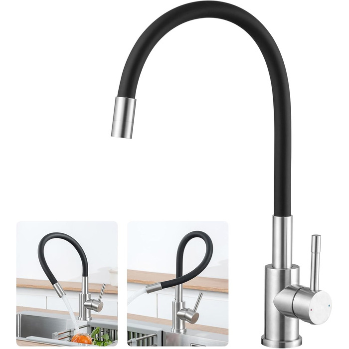Кран кухонний CECIPA SOFETIY SERIE чорний матовий, з гнучким гусаком 360°, для високого тиску, з нержавіючої сталі, для мийки, однорегуляторний