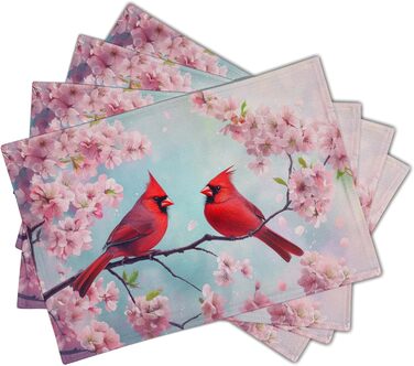 Giwawa Placemats with Spring Birds, 30.5 x 45.7 cm, red bird, cherry blossoms, floral pattern, stain-resistant, heat-resistant, linen, placemats for kitchen, dining table, seasonal party, indoor and