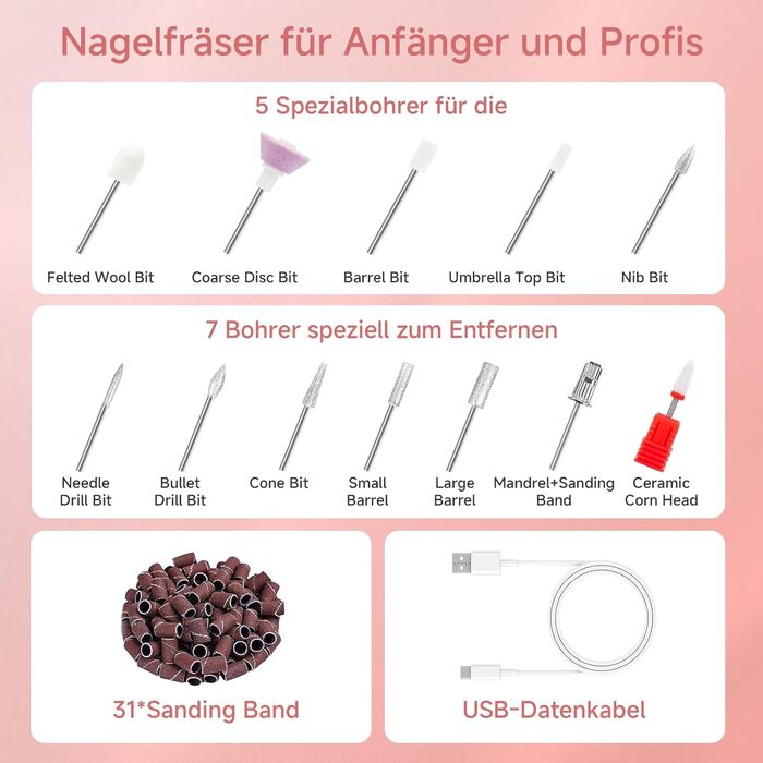 Електрична фрезер для нігтів 12 в 1 - Набір для манікюру з 5 швидкостями, 20000 об/хв, для гелю, акрилу та натуральних нігтів (білий)