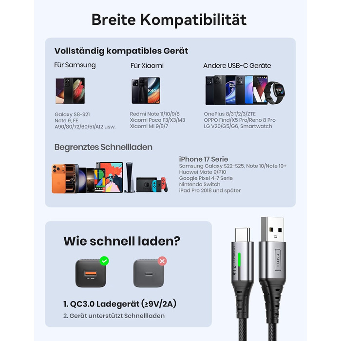Кабель USB-C INIU, 3 шт. (2м+2м+0,5м), 3.1A, з LED-підсвічуванням, нейлон, для Samsung, iPhone, Pixel, iPad, MacBook