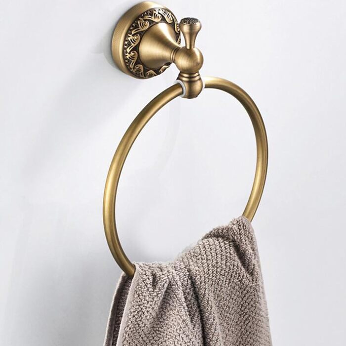 Brass toothbrush holder, antique bronze finish, cup holder with white ceramic cup, wall-mounted, bathroom accessory, patterned carving design (towel ring)