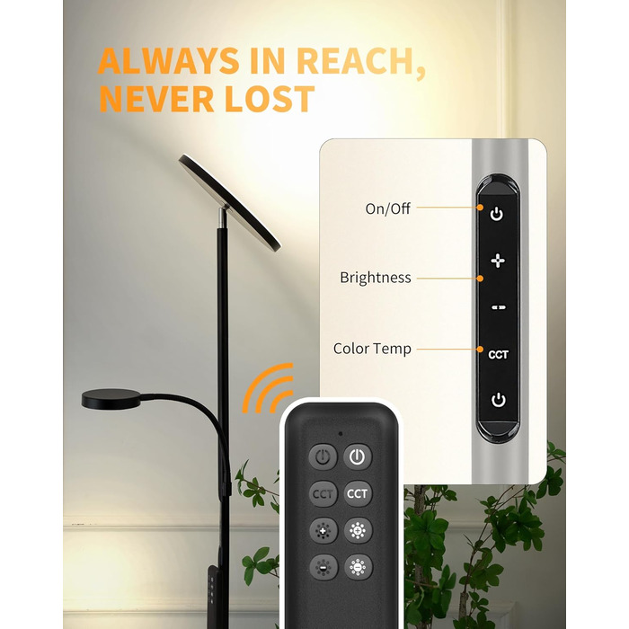 Стійка лампа LuminexDesigns з регулюванням яскравості, 36W+7W LED, 3200LM+600LM, 2700K-6500K, чорний колір. Сучасна підлогова лампа для вітальні з пультом дистанційного керування та функцією настільної лампи.