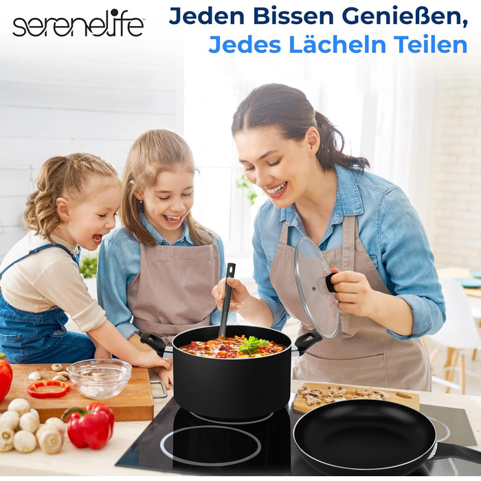 Набір каструль та сковорідок SereneLife 11 предметів: антипригарне покриття, для газових, електричних та керамічних плит, з аксесуарами, без PFOA/PFOS, чорний Azul Oscuro