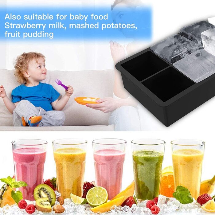 Форми для льоду Silikon 2 шт. - великі круглі форми для льоду з воронкою, BPA Free, для напоїв, коктейлів, дитячого харчування (чорний)