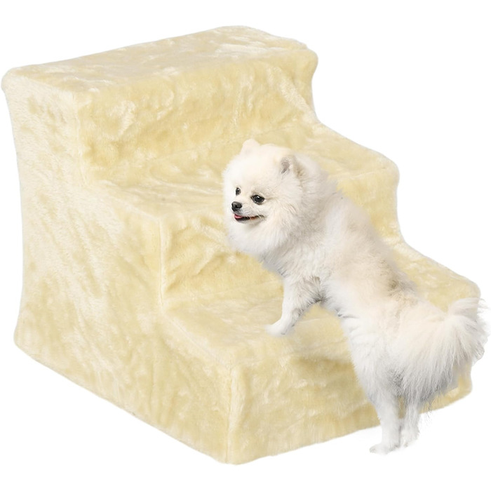 PawHut 4-Step Dog Stairs, 35 cm Cat Stairs for Bed and Sofa, Pet Stairs for Dogs and Cats up to 5 kg, Plush Appearance (46L x 35W x 35H cm, Beige)