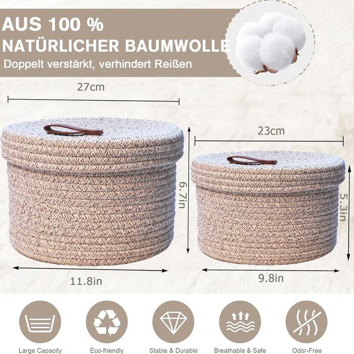 Yearonan 2 PIECE Cosmetic Storage Basket with Lid Storage Box Natural Cotton Yarn Material Washable Decorative Basket Leather Label Handle Storage Basket Set 30X17(cm)/25X13.5(cm) (White)