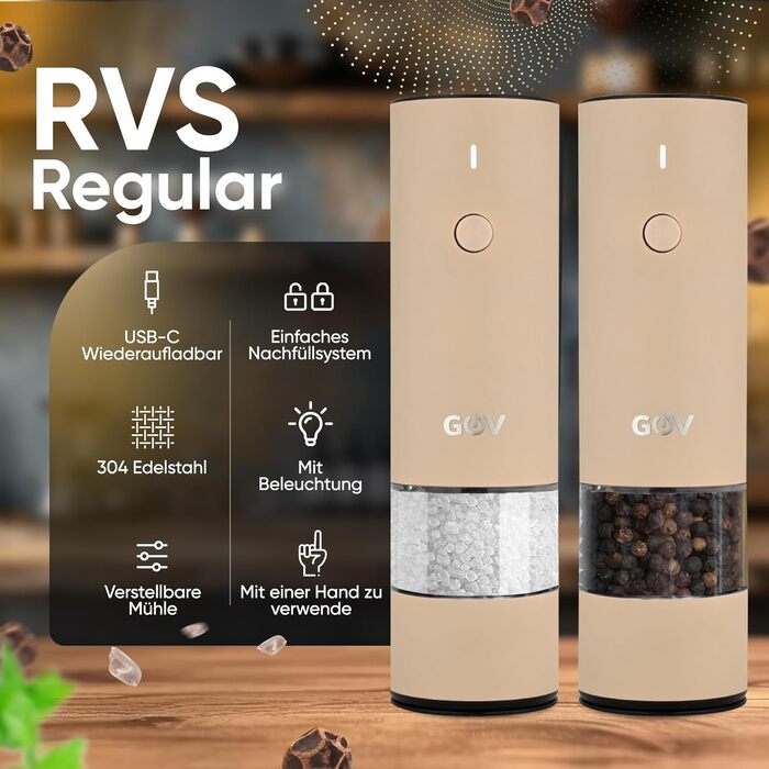 Electric Pepper and Salt Mill Set - 45 ml Beige Edition - USB-C Rechargeable - 6 Adjustable Grind Sizes - Stylish Beige Stainless Steel Design with LED Lamp