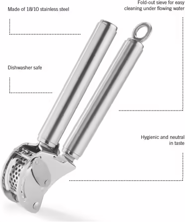 RÖSLE Ginger and Garlic Press in Professional Quality, with Folding Strainer, Stainless Steel 18/10, Dishwasher Safe (Garlic Press with Scraper, Bundle with Dough Scraper)