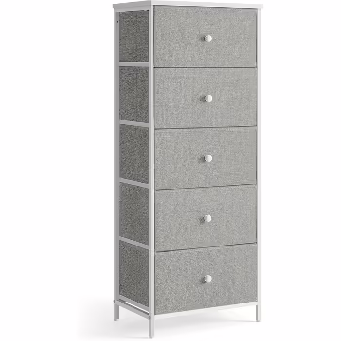 SONGMICS Chest of Drawers, Storage Cabinet with 4 Fabric Drawers, Metal Frame, Tall and Narrow, White-Oak Finish LTS314W57 (Pigeon Gray + Cream White, 29.8W x 45D x 112.3H cm (5 Drawers))