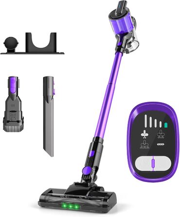 Бездротовий акумуляторний пилосос Hearten 4-в-1 з LED дисплеєм та антизаплутувальною насадкою, сенсорне управління, для видалення шерсті тварин, килимів та твердих поверхонь (фіолетовий)