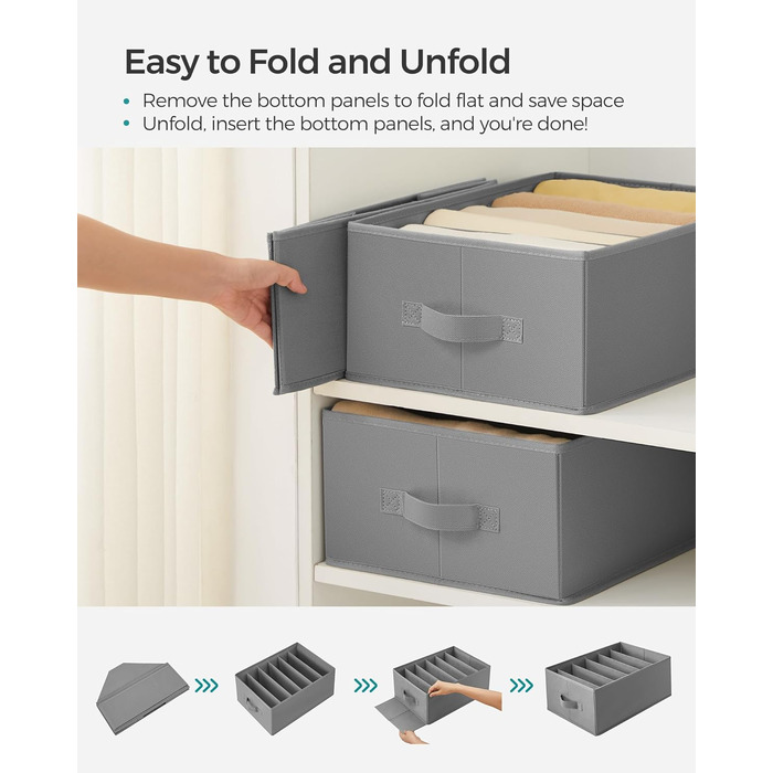 SONGMICS Set of 4 Drawer Organizers, 6 Compartments, Closet Organizer, Foldable, Clothes Organizer, 16.3 x 12.1 x 7 inches, for Pants, Clothing, Dove Gray, URUS009G04