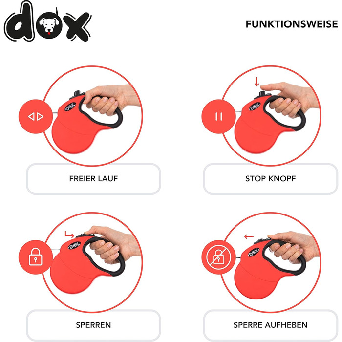 Рулетка для собак DDOXX - міцна, світловідбиваюча, до 10 кг, 4 м (червона)