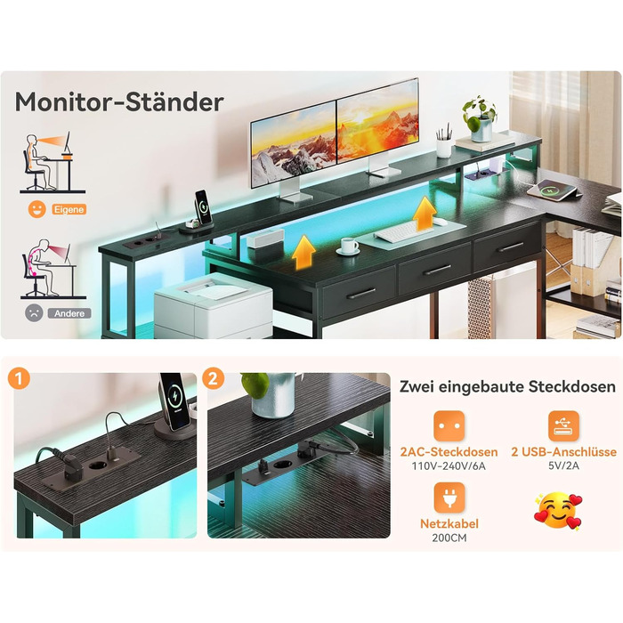 Ігровий стіл Coleshome з 7 висувними ящиками та великим об'ємом зберігання, 199.5×145.5 см, кутовий стіл з RGB LED підсвічуванням, реверсивний L-подібний стіл з 2 розетками, ідеальний для офісу та геймінгу, чорний, 199.5×145.5 см