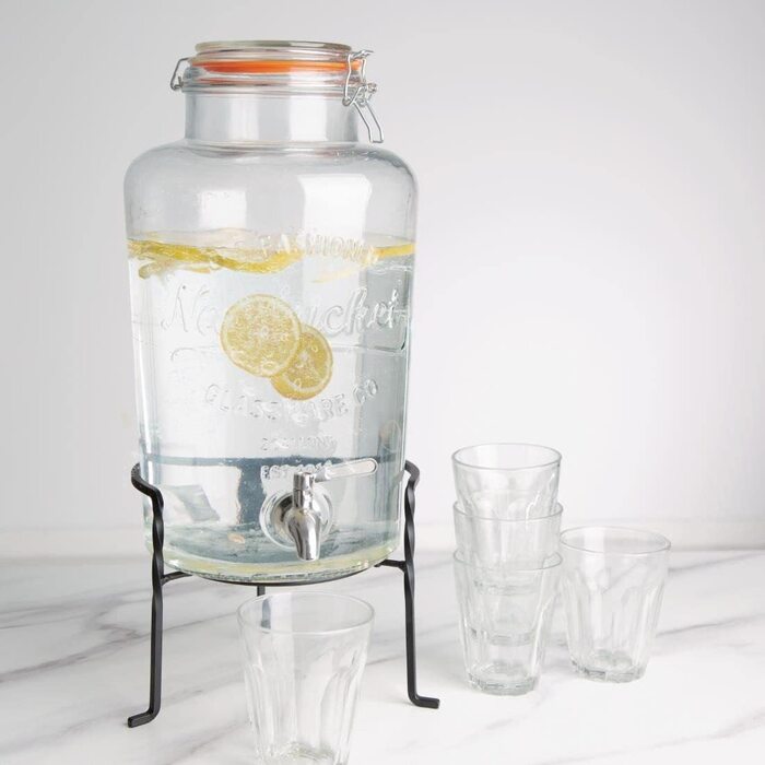 Olympia Nantucket Style Drink Dispenser with Wire Stand - Lockable Lids, Retro Stainless Steel Tap Glass Dispenser - 155(H)x200(W)x150(D)mm