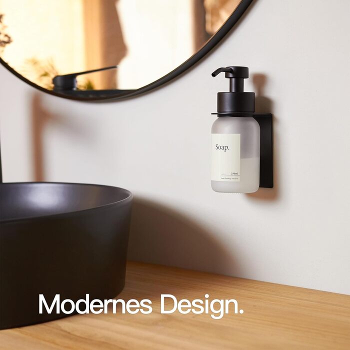Designfabrik Hamburg | Self-Adhesive Wall-Mounted Glass Soap Dispenser | Stainless Steel Pump Dispenser for Liquid Soap | Dish Soap Dispenser No Drilling | with Wall Holder | Black/Frost