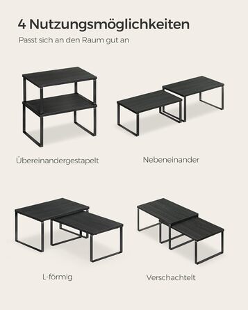 SONGMICS Spice Rack, 4-Piece Set, Kitchen Shelf, Kitchen Organizer, Expandable, Spice Holder, Stackable, with Metal Frame, 19.5 x 29.7 x 15.8 cm, Ink Black + Natural Beige KCS10NB (Ink Black + Ebony Black, 29.7B cm)