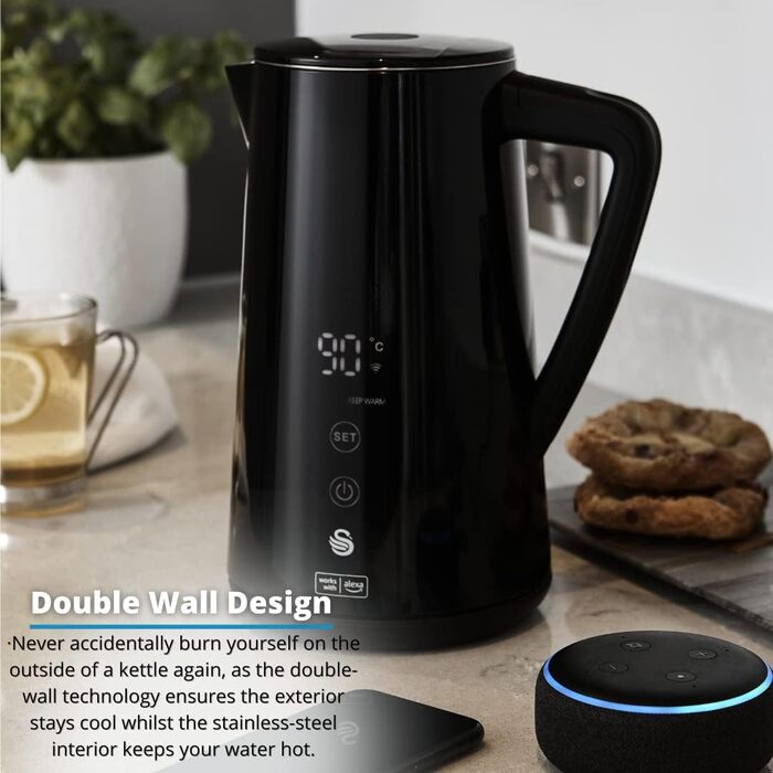 Чайник електричний Swan Alexa WIFI, 1.5L, з регулюванням температури, чорний, бездротовий, LED-touchscreen, підігрів, Cool Touch, ізольована сталева стінка, 1800W, SK14650BLKNEU (uk_Plug)