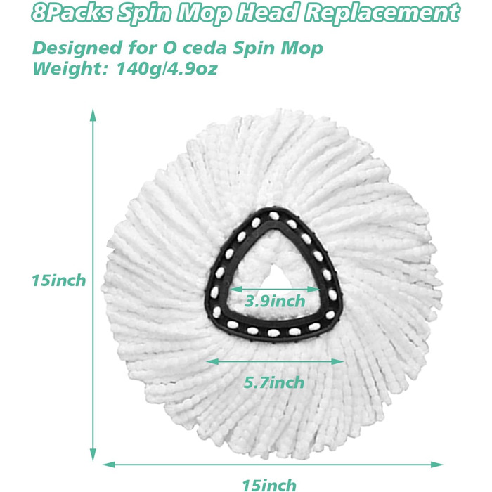 8 Pack Spin Mop Replacement Heads, 360 Degree Spinning Mop Replace Head, 100% Microfiber Mop Head Replacement Compatible with Triangle Spin Mop for Floor Cleaning