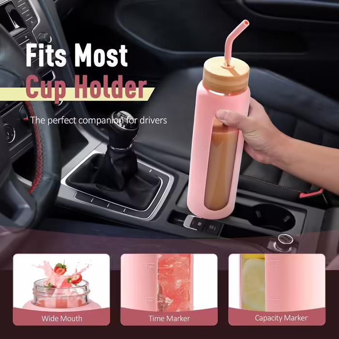 BLUEGO Glass Water Bottle - Sports Water Bottle with 2 Lids and Straw Leak-Proof Glass Bottle with Time Marker and Measurement Scale BPA Free (Pink, 900ml)