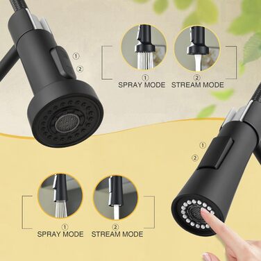 Чорний кухонний змішувач з витяжною лійкою, 360° поворот, 2 режими, нержавіюча сталь