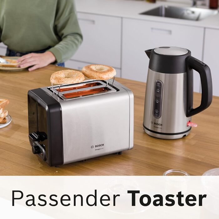 Електричний чайник Bosch DesignLine TWK4P440, 1.7 л, нержавіюча сталь/чорний, з індикатором рівня води та захистом від перегріву