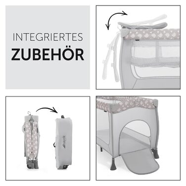 Hauck Travel Crib Sleep N Play Center with Newborn Nest, Changing Pad, Carry Bag, Wheels, Canopy, Compact Folding, Baby Travel Bed for Infants from Birth up to 15 kg (Teddy Grey)