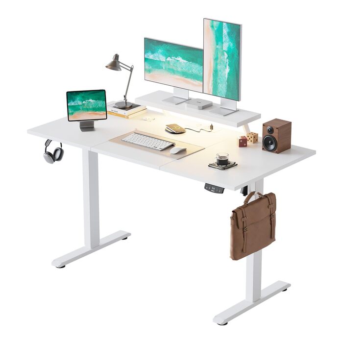 Електричний регульований стіл Agilestic 140x60 см з LED-підсвіткою, USB-портом та мобільним тримачем монітора, білий
