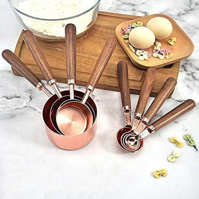 FBHappiness 4-Piece Stainless Steel Measuring Cup Set with Wooden Handle, Measuring Spoons, Gold-Plated Measuring Spoon Set for Baking in the Kitchen (Size: Measuring Cup) (Measuring Cup in Rose Gold)