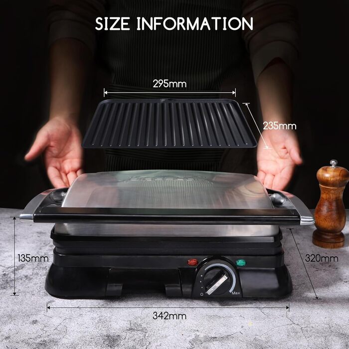 Aigostar Samson 30KLU- XXL Contact Grill, Panini Grill, Sandwich Maker, 2000 Watt, non-stick stainless steel coating, 180-degree hinge, temperature control, SINGLE PACKAGING.