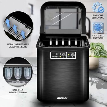 Tillvex Stainless Steel Ice Maker - 12kg Capacity, 24-Hour Production | 2.2L Water Tank, LED Display, Self-Cleaning & 2 Ice Cube Sizes (Black)