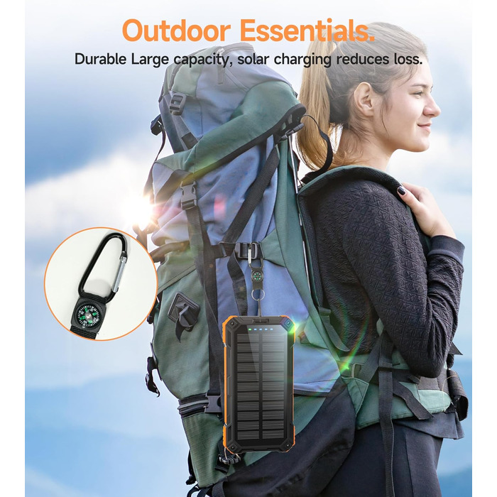 Портативний зарядний пристрій Solar Powerbank 56800 mAh з бездротовою зарядкою, 30W PD, 6 виходів, ліхтарик, велика ємність для кемпінгу та подорожей (Помаранчевий)