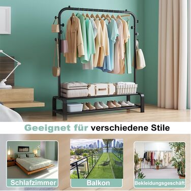 Clothes Rack, Coat Rack Stable Clothes Rail with 6 Hooks and 2 Shoe Shelf Storage Shelf, Bedroom Clothes Rack Freestanding Clothes Rail, Black