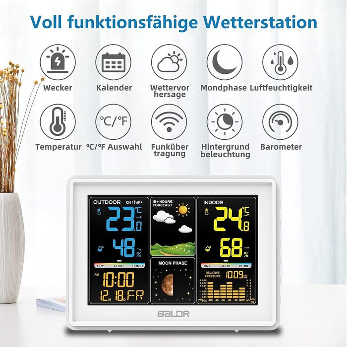 BALDR Weather Station Radio with Outdoor Sensor, Digital Color Display DCF Radio Clock Indoor and Outdoor Thermometer Hygrometer, Radio Weather Station with Weather Forecast, Barometer and Moon Phase, Power Adapter White - with white sensor