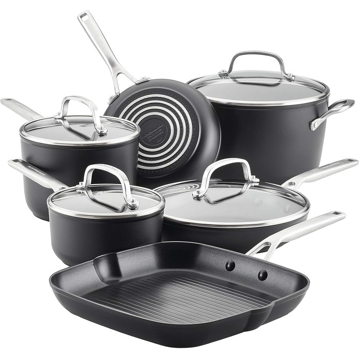 KitchenAid 80129 Harteloxierte Induction Non-Stick Cookware Set, Pots and Pans, Aluminum, Matte Black Cookware Set (10-Piece)
