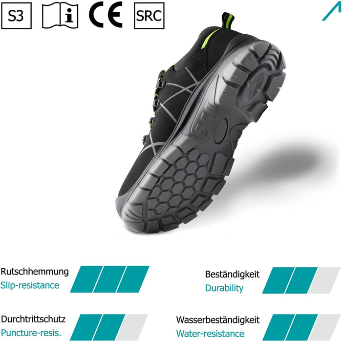 Черевики робочі ACE Constructor S3-Arbeitsschuh - захисне взуття для чоловіків з металевим підноском, водонепроникні, зелено-чорні, 46 EU