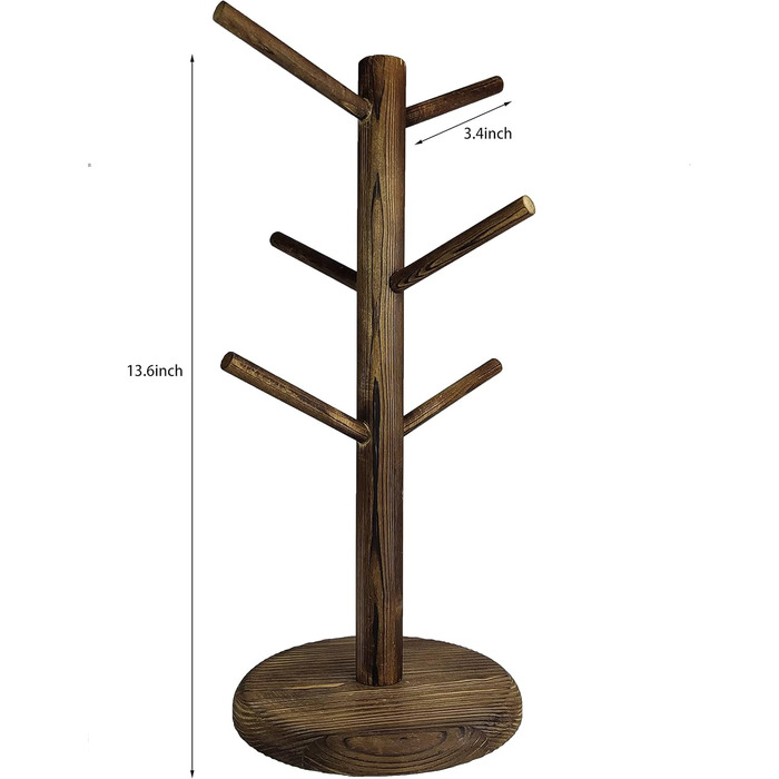 Wooden Mug Holder with 6 Hooks, Countertop Mug Stand, Coffee Bar Accessories & Organizer Station, White (Brown)