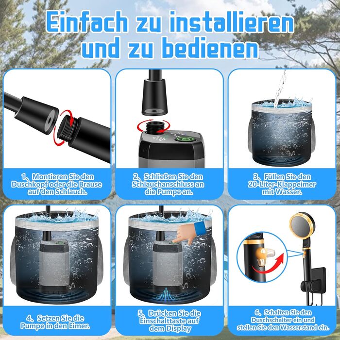 IEEILULU Portable Camping Shower, 6000mAh Camping Shower Battery with Pump, Outdoor Mobile Showers with Temperature Indicator and Foldable Bucket for Pet Travel, Garden, Car Washing, Beach