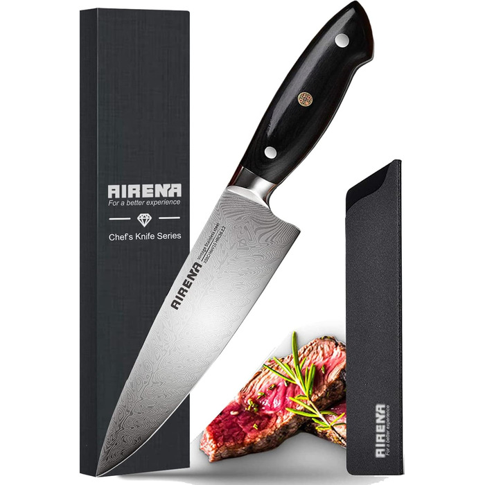 Ніж Santoku AIRENA 7 дюймів - Японський стиль, високоякісна сталь X50CrMov15, повний хвостовик, ергономічна ручка, подарункова коробка