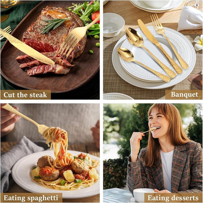 Набір столових приборів 24 предмети для 6 осіб з гравіюванням троянд, нержавіюча сталь, золотий колір - ножі, виделки, ложки, поліровані, для посудомийної машини, святковий