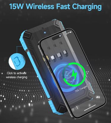 Портативний зарядний пристрій Solar Powerbank 56800mAh з бездротовою зарядкою, 30W PD, 6 виходів, ліхтарик, для кемпінгу та подорожей (Синій)