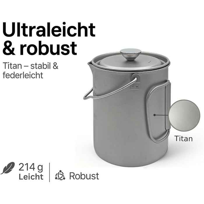 Титанова френч-прес 750 мл - Ultraleicht & Robust - Титановий посуд для приготування кави для кемпінгу, трекінгу та відпочинку на природі