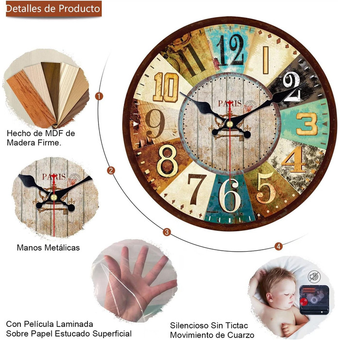 VIKMARI Quartz Wall Clock Wood Silent Hanging Clock, Battery-Powered Round Rustic Clock, Easy to Read Vintage Indoor Wall Clock || 14' (France Parisian Style, 30 cm)