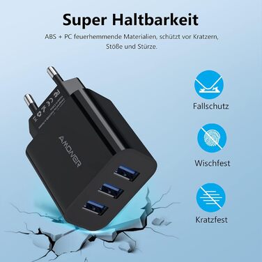 Мережевий адаптер Amoner USB 3-портовий 15W, 2 шт. для iPhone 14/13/12/11/X/8 та інших пристроїв, чорний