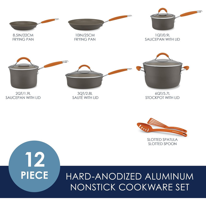 Набір посуду Rachael Ray Cucina, 12 предметів, антипригарне покриття, сірий з помаранчевими ручками