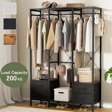 Відкрита шафа для одягу, вішалка для одягу, гардеробна стійка з 4 шухлядами, стабільна вішалка для спальні, вітальні, передпокою (Чорний)