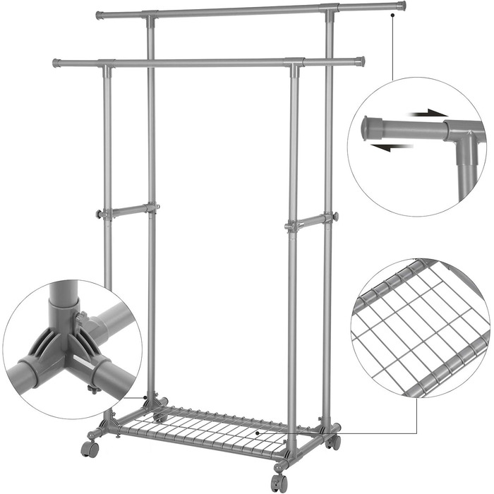 SONGMICS Clothes Rack with Double Rod, Clothes Stand, Mobile, Extendable between 87 and 150 cm, with Wheels and Storage Shelf, Load Capacity 70 kg, for Coats, Scarves, Grey, LLR13GY