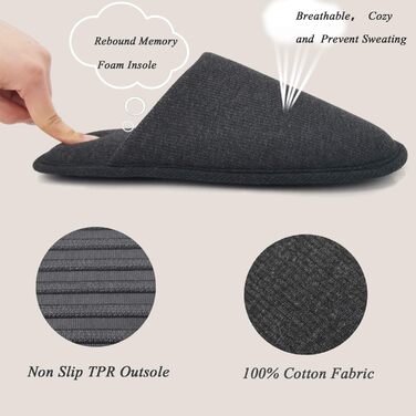 Чоловічі халапи Оofoot з бавовни, зручні домашні тапочки, Memory Foam, плоскі, пранні, Slip-on, для дому (45/46 EU, вугільно-сірий)