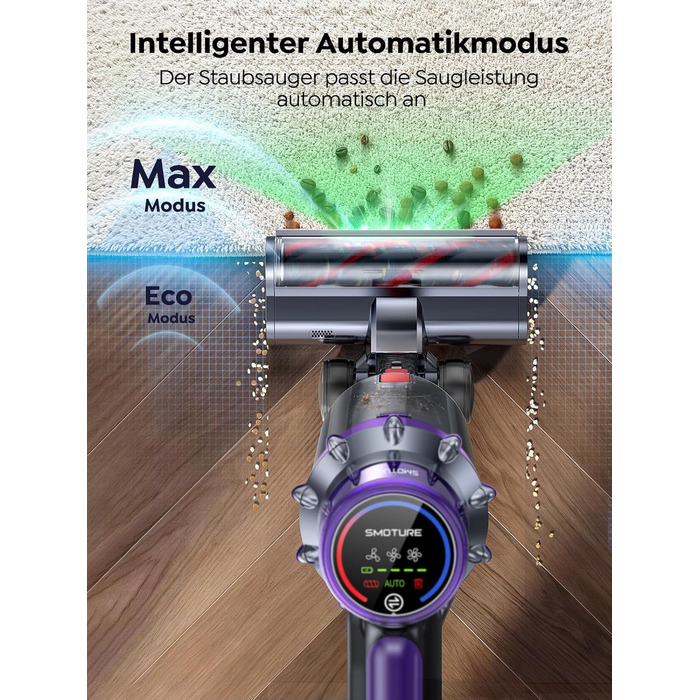 SMOTURE Бездротовий акумуляторний пилосос 50 000 Па, 65 хв роботи, міні-турбонасадка, самостійна парковка, антизаплутана щітка, док-станція на стіні, для шерсті тварин/килимів/твердих поверхонь/автомобіля, модель: VAC02, темно-фіолетовий