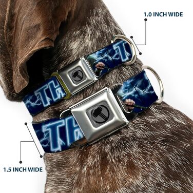 Нашийник для собак з кріпленням на ремінь безпеки, Avengers Thor, Поза з молотом, Галактичний синій та білий, 38-66 см, ширина 2.5 см, підходить для великих собак