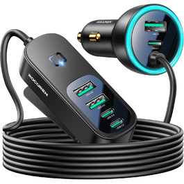 Автомобільний зарядний пристрій Rocoren 105W, 6 портів, USB-C, PD3.0, QC3.0, з прикурювача, з кабелем 1.5 м, для iPhone 16/15, iPad Pro, Samsung Galaxy S24, Huawei, MacBook Air, чорний